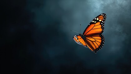 Orange butterfly with black spots flies in dark foggy sky. Insect wings show fine lines and vibrant colors. Nature delicate beauty appears mysterious and serene.