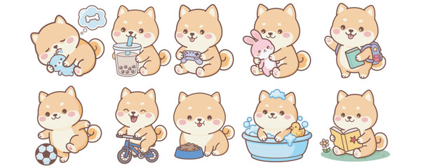 Obraz premium Complete cute shiba inu kids sticker set featuring various daily routines and playful activities. Includes sleeping, eating, bathing, studying, playing, and relaxing moments.