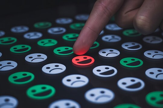 Hand selecting happy emoji on digital interface