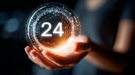 The virtual time banner, a hand holding a clock face, symbolizes the constant availability of the service in the context of technology and time management.
