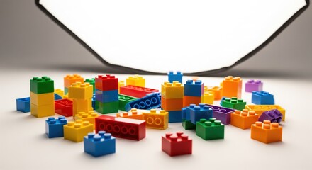 Fototapeta premium A vibrant assortment of plastic building blocks, brightly lit, scattered on a plain white surface