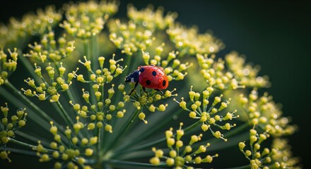 A vibrant red ladybug with black spots perched on a cluster of tiny yellow flowers