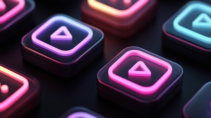 Neon Play Pause Stop Icons For Streaming Video Interface