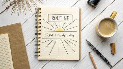 A notebook with routine sketch and light expanding daily text