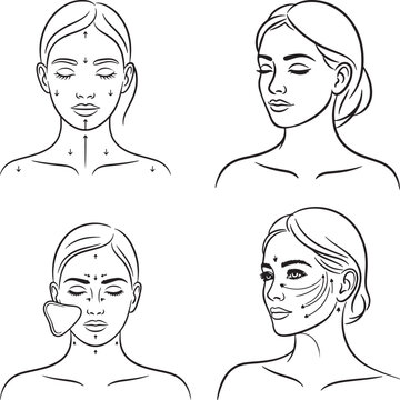 A line art collection of face mapping lines skincare zone vector art, with Gua Sha stone for lymphatic drainage linear