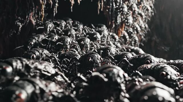 Dark insect-like creatures swarming. Mutated alien bugs emerging from an organic cave. Cinematic close-up of horror and infestation concept