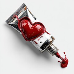 Red heart atop squeezed tube, paint spills