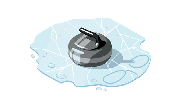 Isometric curling stone on ice surface with cracks and water drops