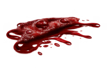 Red blood splatter with dripping fluid element creating a horror effect and medical emergency concept