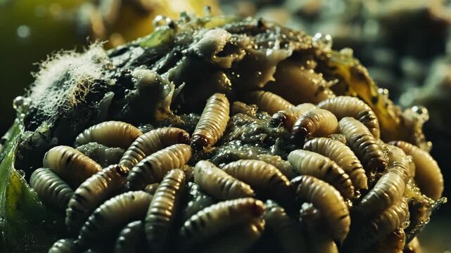 Close-up of wriggling maggots in rotten food. Larvae infestation on decaying organic matter. Biological decomposition process