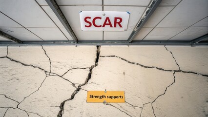 Damaged wall with crack under a sign showing the word SCAR