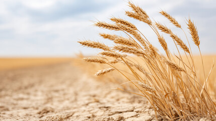 Golden wheat sways gently in a dry field under a cloudy sky, symbolizing resilience and agricultural beauty.