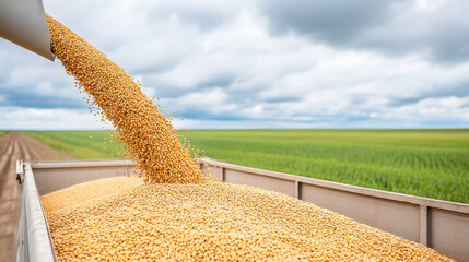 Golden grains flow from a trailer against a lush green field under a cloudy sky, representing harvest and agriculture.