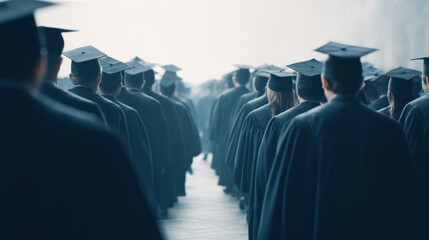 Graduation ceremony with students in caps and gowns walking in unity towards their future.