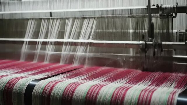 Close Up of Automated Weaving Machine Creating Textile Fabric with Red White and Green Threads