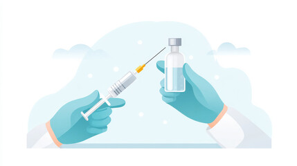 Illustration of hands holding a syringe and a vaccine vial, highlighting vaccination and healthcare themes.