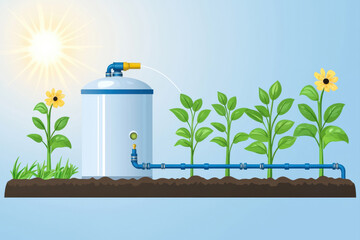 Illustration of irrigation system with plants and water tank under a sunny sky.