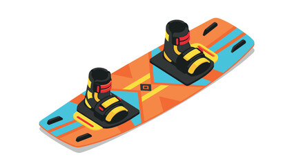 Vibrant isometric wakeboard with colorful bindings on white background
