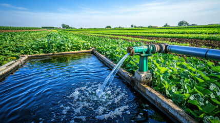 Irrigation system supplying water to lush green crop fields under a clear blue sky.