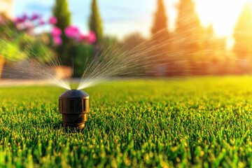 Irrigation system watering a lush green lawn in a serene garden at sunset.