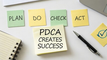 Sticky notes explaining PDCA process to create business success