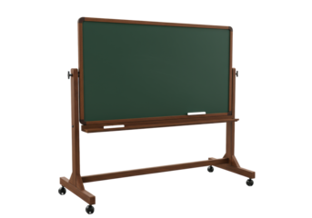pristine blank matte forest green chalkboard in a mobile dark walnut wood frame with industrial castors, product photography isolated on a white background, concept of educational presentation tools