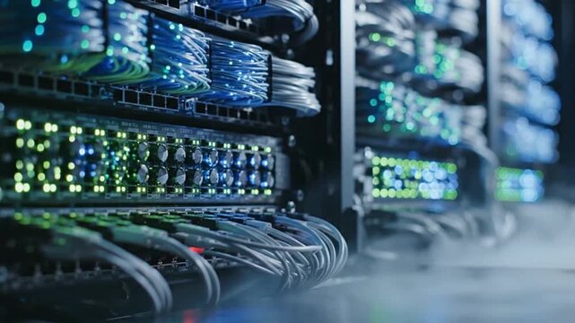 Close-up of a Server Room with Blinking Lights and Network Cables in a Data Center - Powered by Adobe