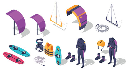 Isometric kite surfing equipment set with colorful gear and safety accessories