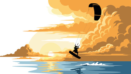 Sunset adventure: dynamic kiteboarding with vibrant clouds and ocean waves