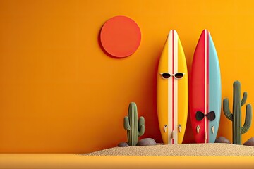 Two surfboards with sunglasses, sun, cactus, and sand