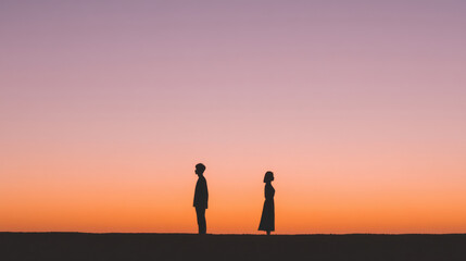 Silhouettes of a couple standing apart against a stunning sunset backdrop, evoking emotions of connection and distance.