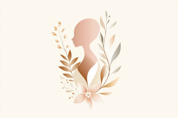 Stylized silhouette of a woman surrounded by elegant leaves and flowers on a soft background.