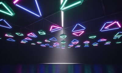 Abstract ceiling installation of neon geometric shapes emitting colorful illumination in dark space
