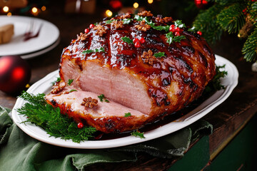 Succulent glazed ham decorated with greens and festive elements on a dinner table.