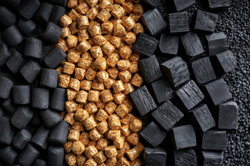 Artistic arrangement of charcoal briquettes and wood pellets in a dynamic pattern.