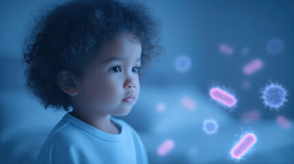 Young child observing microscopic organisms in an imaginative and colorful learning environment.