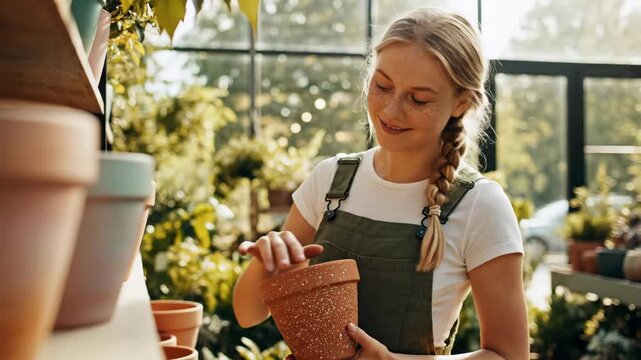 Young woman with freckles in overalls happily holding a terra cotta pot in a sunlit greenhouse, admiring plants and garden supplies
