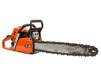 Fototapeta premium A professional gasoline chainsaw with an orange casing and a long used metallic bar, isolated on a white background with copy space, concept of professional construction equipment