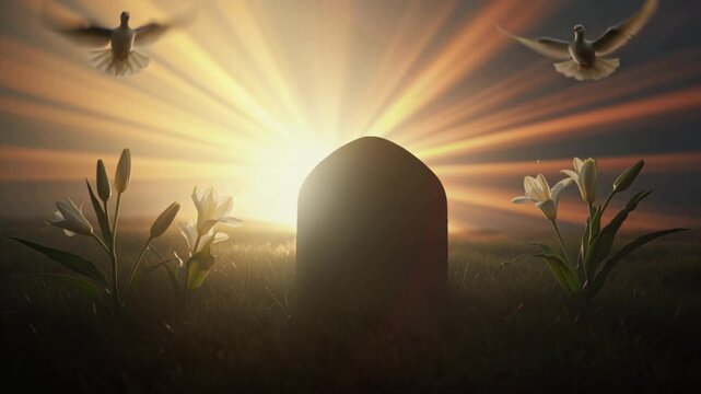 4K cinematic aerial close-up shots, wooden Nativity manger glowing warm candlelight, transition ancient empty stone tomb foggy hillside, sunrise casting ethereal light rays cross shadows, soft 4k