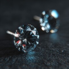 Two diamond stud earrings on a textured dark surface