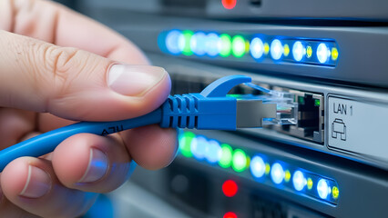 Hand plug blue ethernet cable into network server for data connection