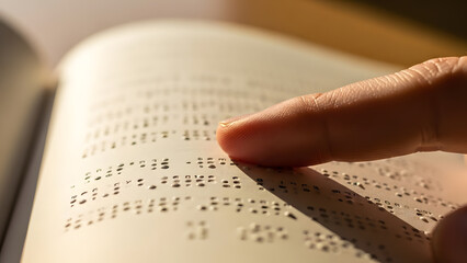Close up of finger reading Braille text on an open book for visually impaired people