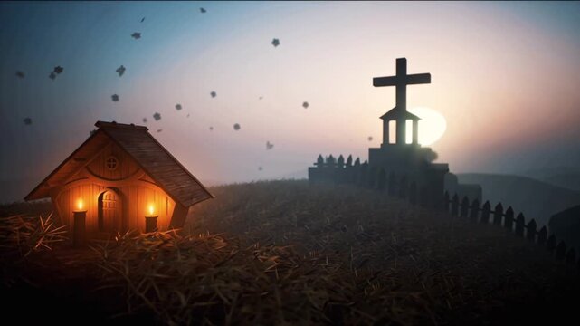 4K cinematic aerial close-up shots, wooden Nativity manger glowing warm candlelight, transition ancient empty stone tomb foggy hillside, sunrise casting ethereal light rays cross shadows, soft 4k