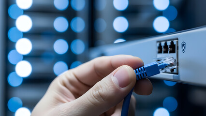 Hand connecting blue network cable to server in data center rack with blinking lights