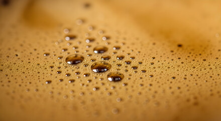 Coffee crema surface with water droplets and foam texture macro shot