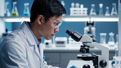 Focused scientist performing microscopic analysis in a modern research laboratory, dedicated to scientific discovery and innovation