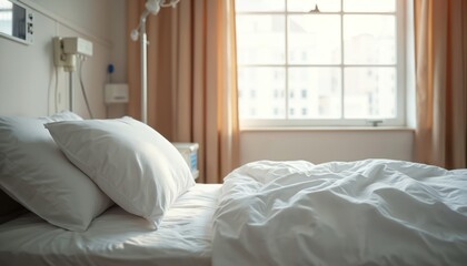 Clean hospital bed with white linens and pillows in a bright room. Sunlight streams through a window, illuminating a medical IV pole. A sterile environment awaits patient care and recovery.