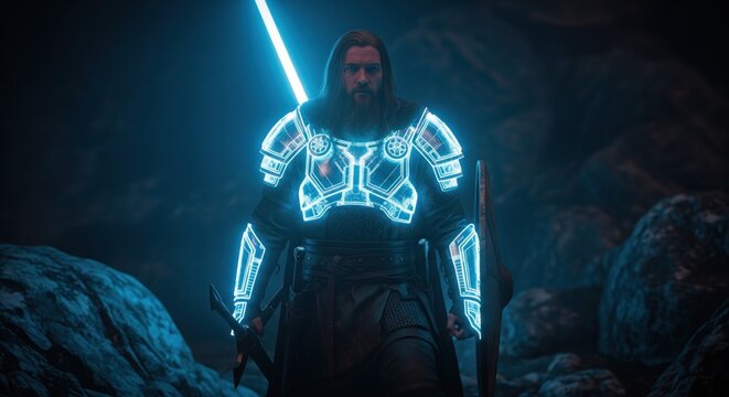 Bearded figure in glowing armor, holding a blue sword in a dark cave, heroic stance