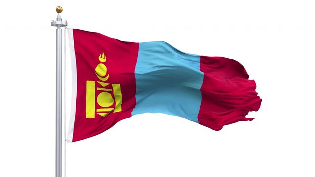 Mongolia flag waving looping with transparent background, with alpha matte layer for transparency in the background.