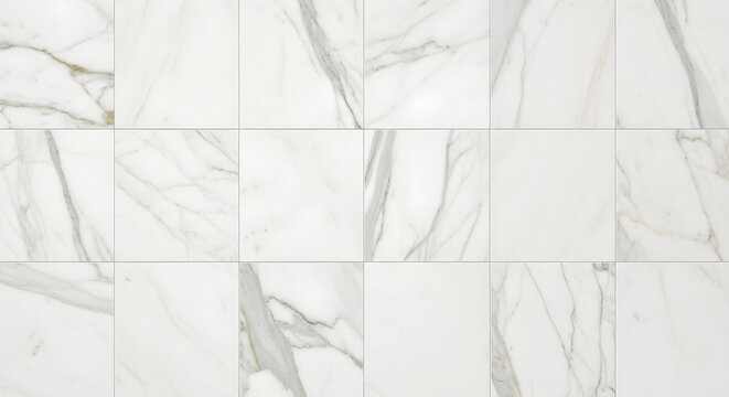 Elegant White Marble Tile Texture with Grey and Gold Veins - Seamless Background Pattern